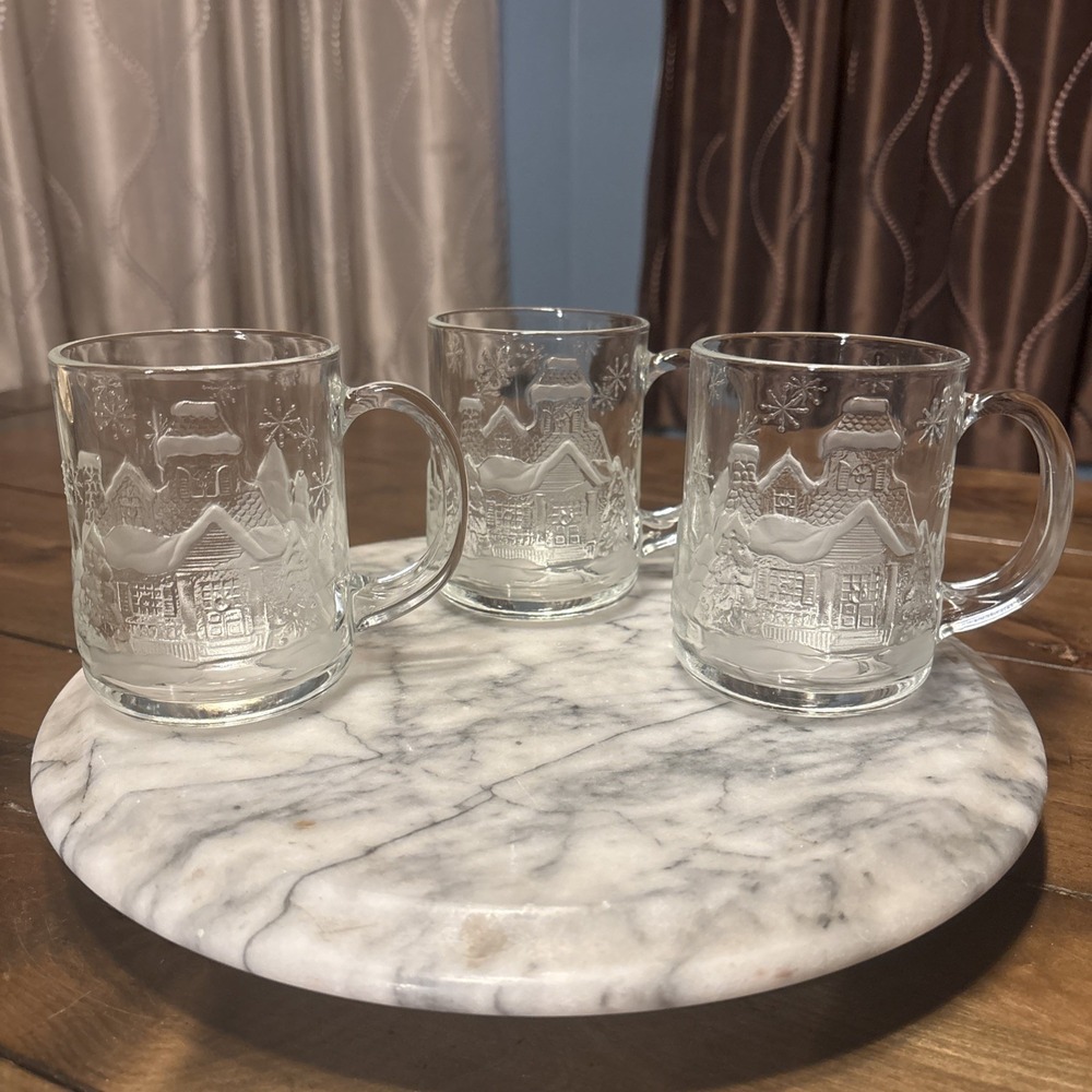 3pc VTG Arcoroc France Clear Glass Christmas Winter Wonderland Holiday Mug Cup